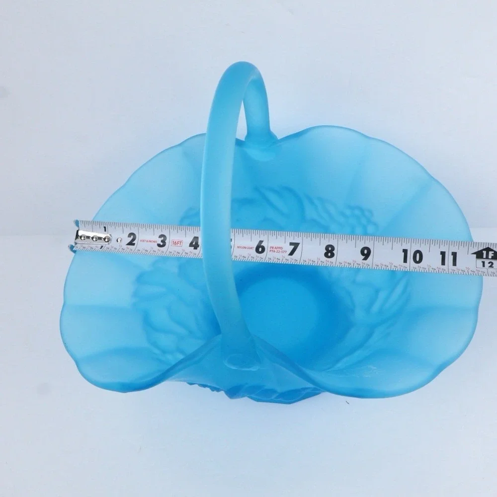 VTG Satin Blue Indiana‎ Glassware Raised Fruits Design Basket Decorative MCM
